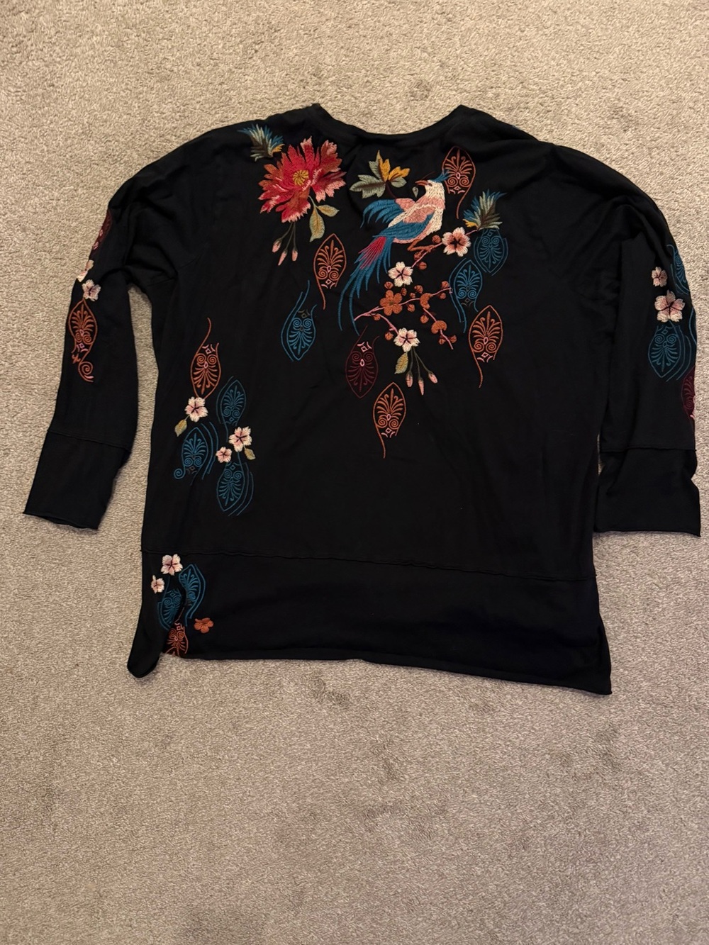 Johnny Was Black Tunic with Multicolor Floral & Bird Embroidery - Picture 3 of 3
